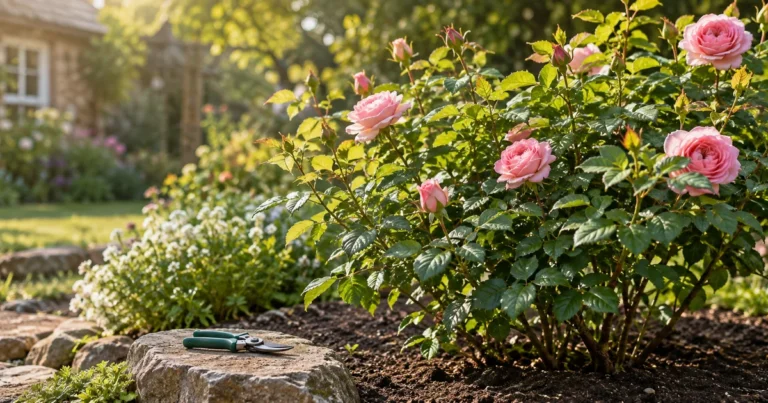 A healthy, freshly tended rosebush in bloom, with closed pruning shears resting on a flat stone nearby.