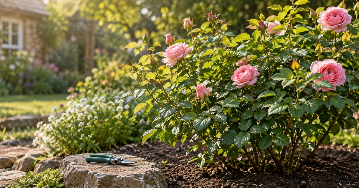 A healthy, freshly tended rosebush in bloom, with closed pruning shears resting on a flat stone nearby.