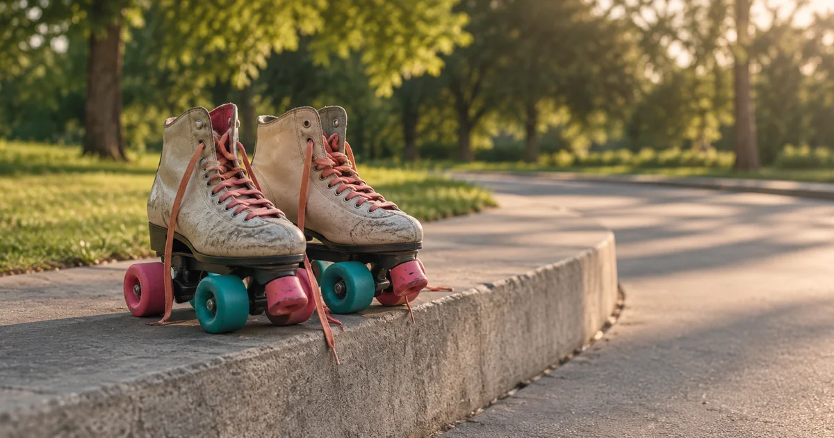 A pair of well-used roller skates with bright wheels resting on the concrete edge of an empty, sunlit park path.