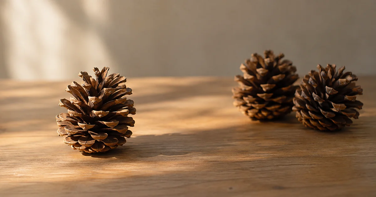 A single pinecone set apart from two others on a plain wooden table
