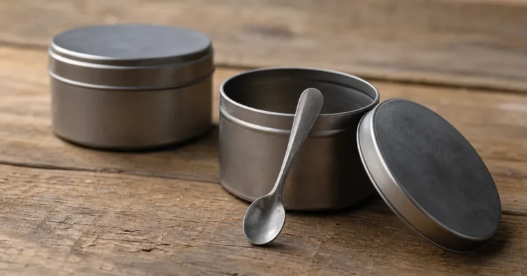 Two metal tins on a wooden surface, one open with a spoon resting against it