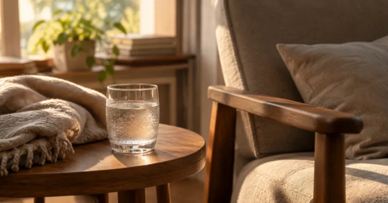 A glass of water and a folded blanket on a low table beside a reading chair