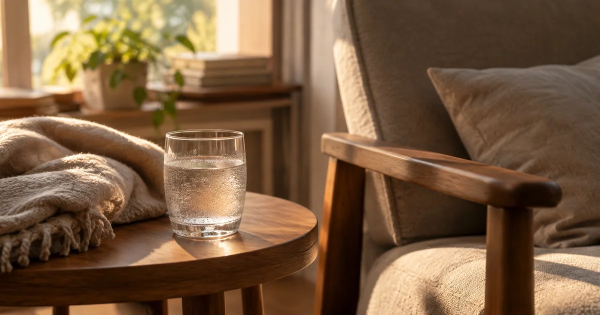 A glass of water and a folded blanket on a low table beside a reading chair
