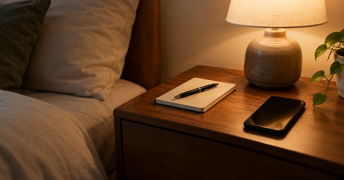 A small notebook and pen on a nightstand beside a lamp and a phone