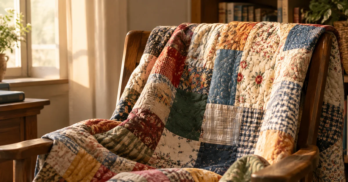 A patchwork quilt of many fabric pieces draped over a chair in soft light