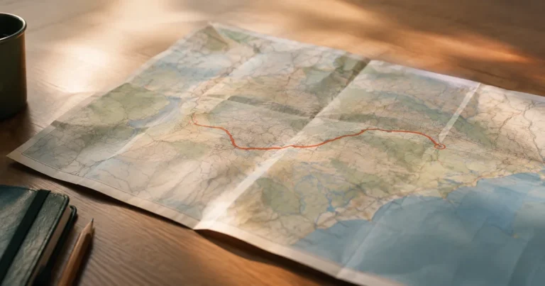 A folded paper map on a table with one route highlighted in soft light