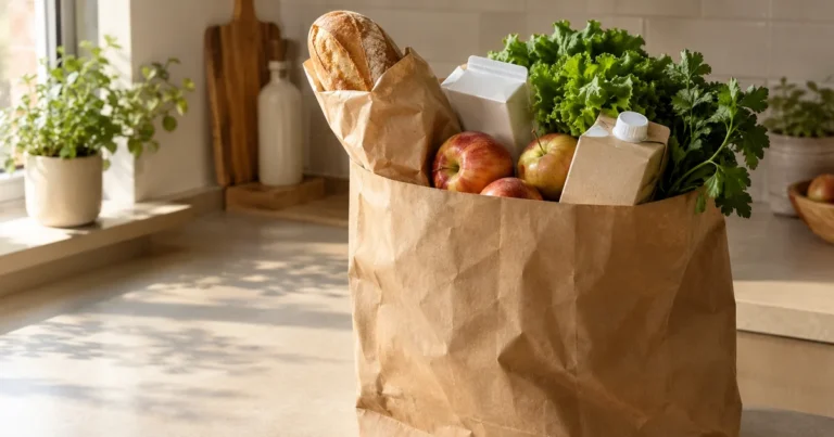 A paper grocery bag with basic staples on a kitchen counter in soft morning light