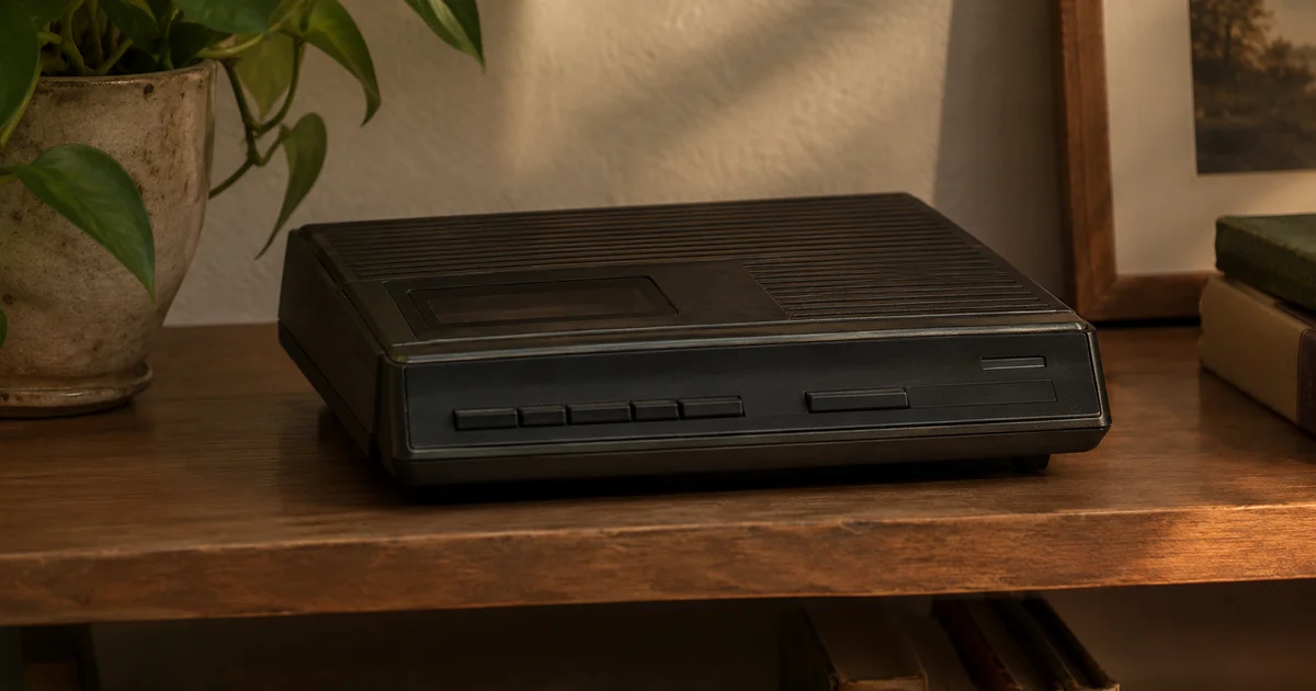 A vintage answering machine resting on a quiet shelf
