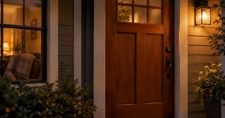 A wooden front door with its deadbolt engaged, warm porch light glowing at dusk