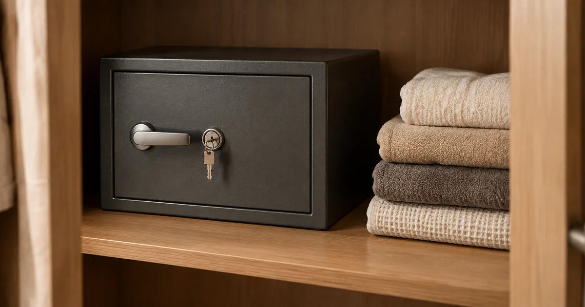 A small closed home safe with a keyed lock, on a wardrobe shelf beside folded towels