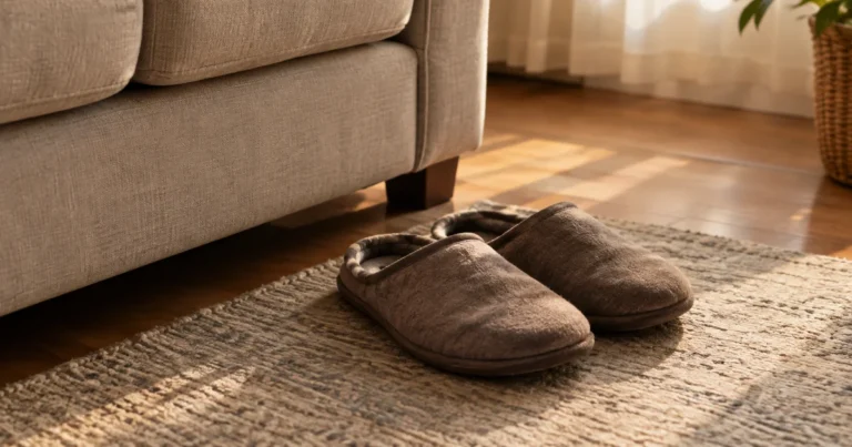 A pair of house slippers placed neatly on the floor beside a couch