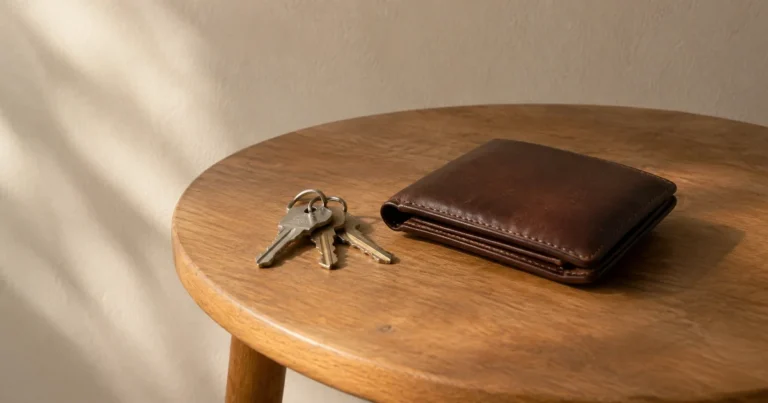 A set of house keys and a wallet resting together on a small wooden table