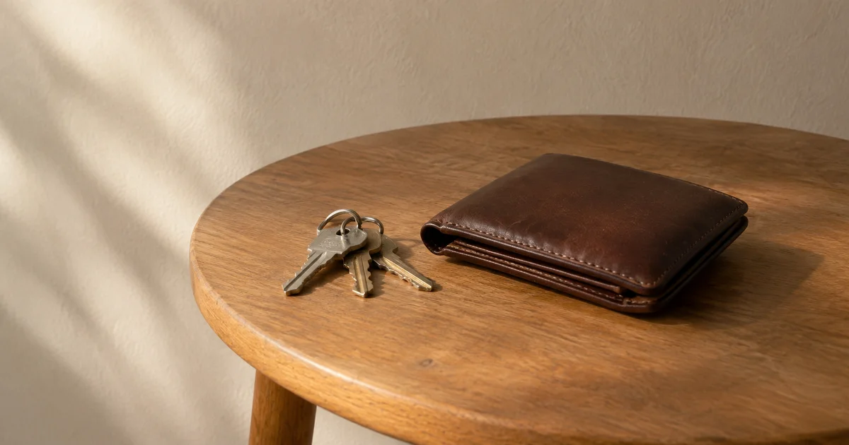 A set of house keys and a wallet resting together on a small wooden table