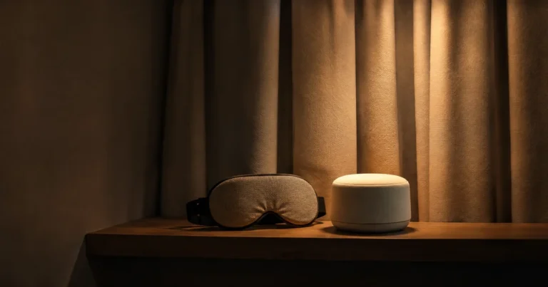 A sleep eye mask and white noise machine on a shelf in a dim room