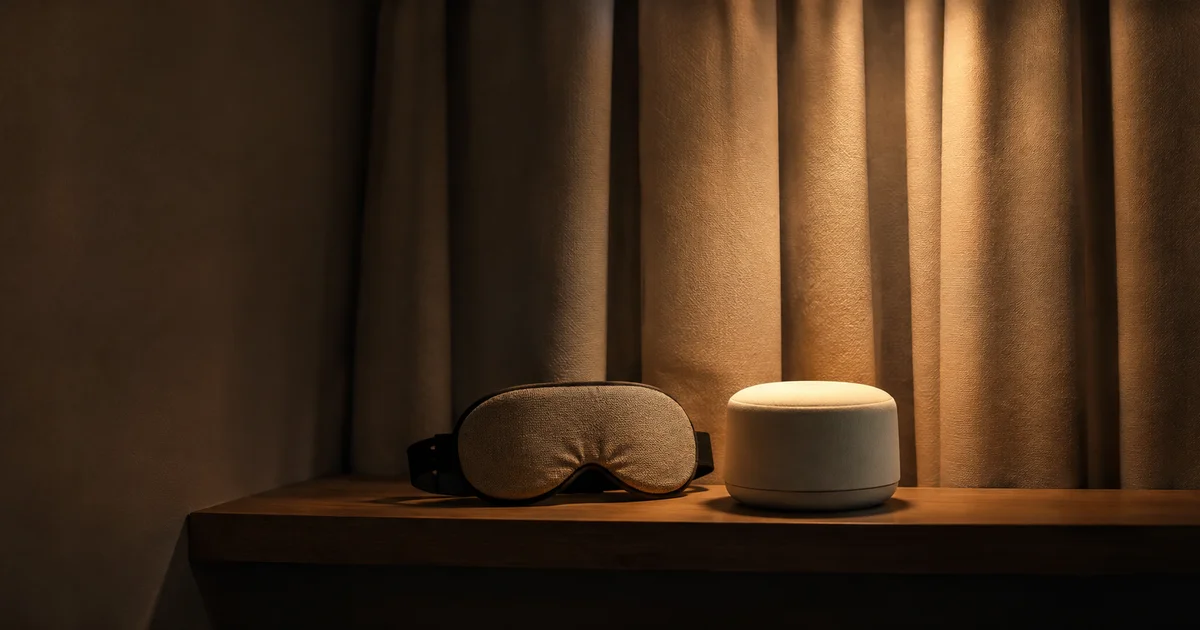 A sleep eye mask and white noise machine on a shelf in a dim room