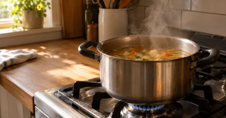 A pot of soup simmering on a stovetop with steam rising