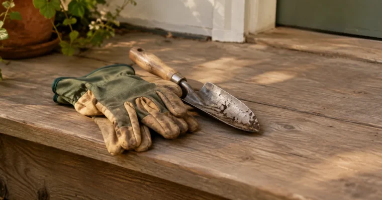 A pair of garden gloves and a small hand trowel resting on a wooden porch step
