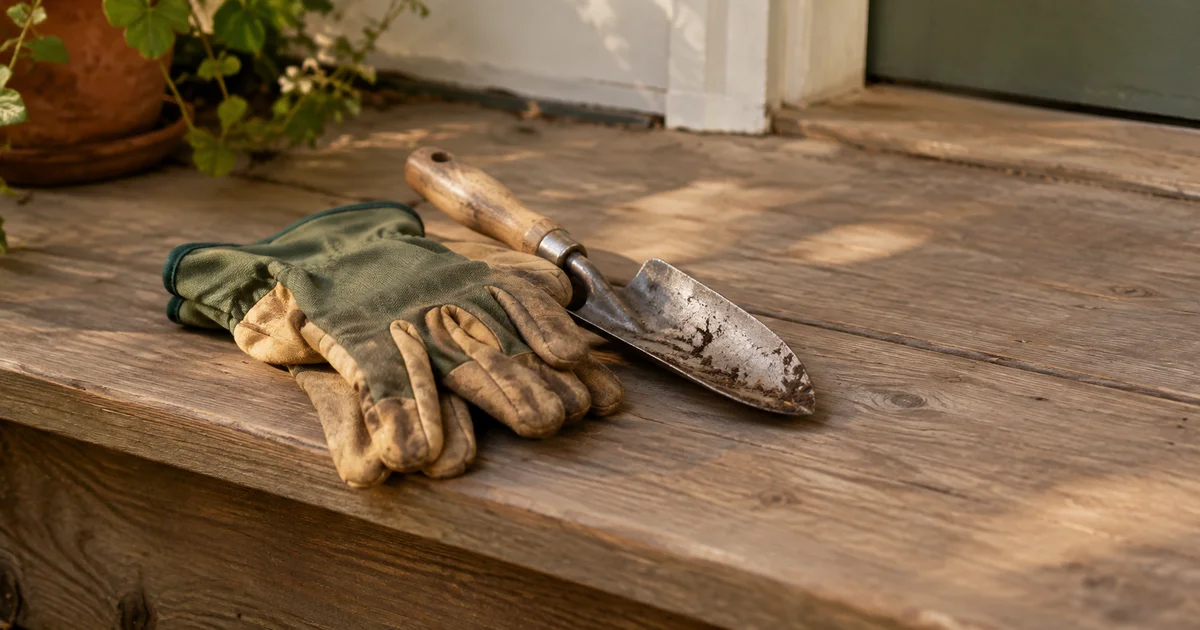 A pair of garden gloves and a small hand trowel resting on a wooden porch step