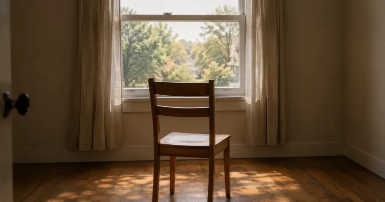 An ordinary wooden chair facing a plain window with daylight and trees outside