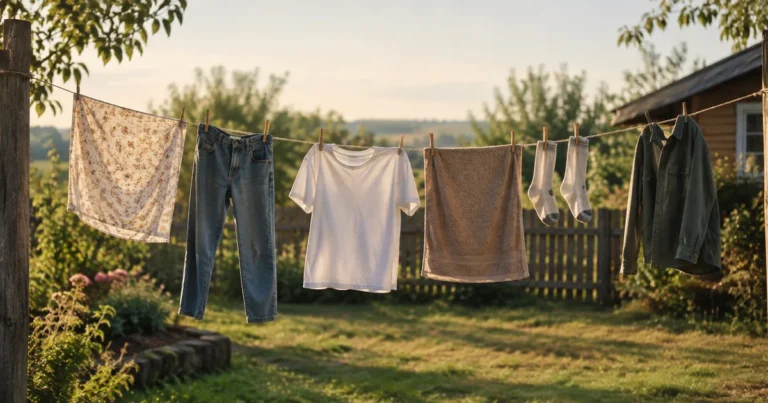 A clothesline with a few ordinary clothing items pinned at uneven intervals