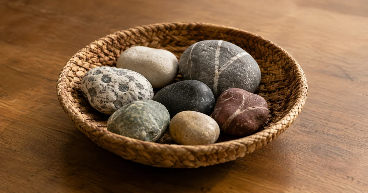 A shallow woven basket holding a small collection of distinct smooth stones on a wooden table