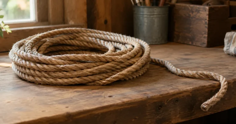A partially unspooled coil of rope resting loosely on a wooden bench in quiet light