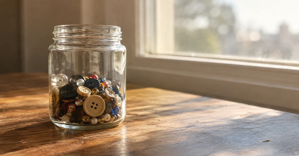 A clear glass jar partially filled with buttons and beads resting on a sunlit windowsill