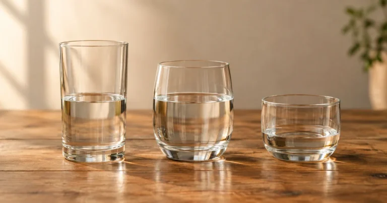 Three plain glass vessels in a row, each holding a different amount of still water