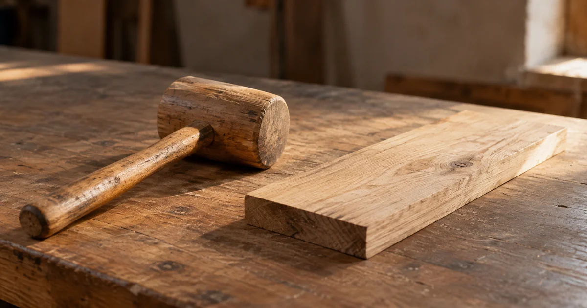 A well-used wooden mallet resting beside a wooden plank on a workbench