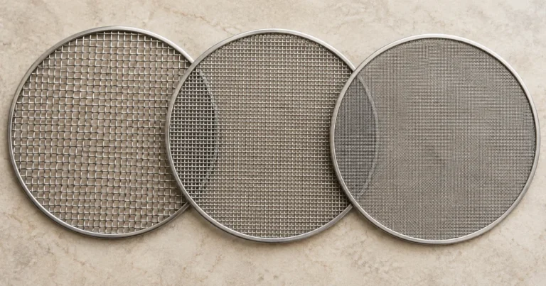 Three round metal mesh screens with visibly different weave densities, partly overlapping on pale stone.