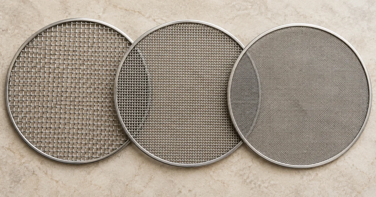 Three round metal mesh screens with visibly different weave densities, partly overlapping on pale stone.