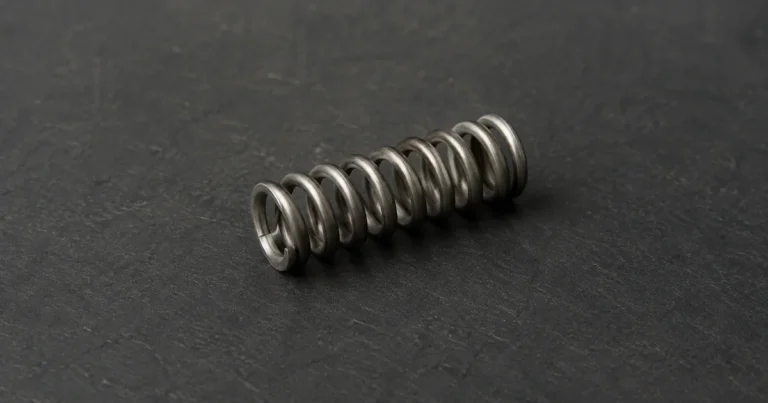 A single small helical steel spring lying at rest, neither compressed nor stretched, on matte dark slate.