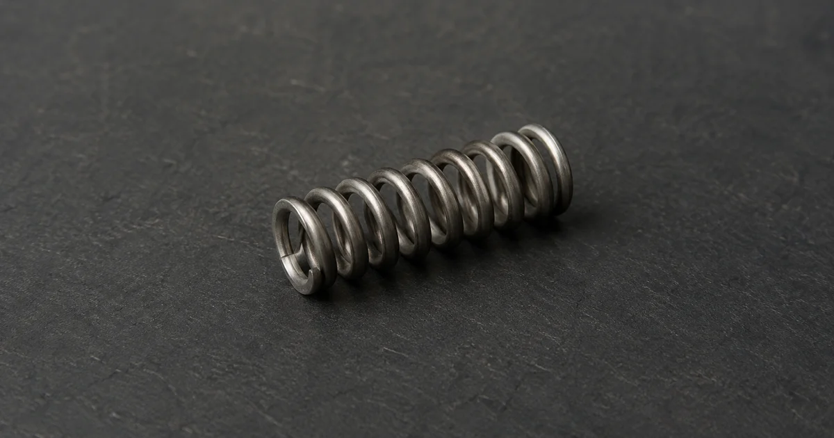A single small helical steel spring lying at rest, neither compressed nor stretched, on matte dark slate.