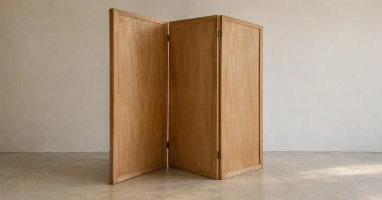 A plain three-panel wooden folding screen standing partly folded at an angle on a bare floor by a neutral wall.