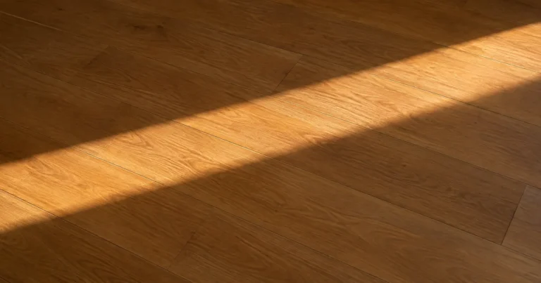 A narrow stripe of afternoon daylight lying at an angle across plain wooden floorboards in an empty room.