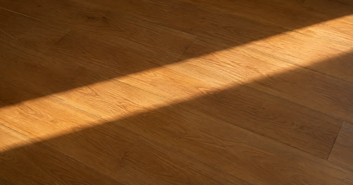 A narrow stripe of afternoon daylight lying at an angle across plain wooden floorboards in an empty room.