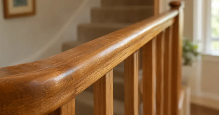 A smooth, well-worn wooden stair handrail in a home, photographed close up along its length in soft daylight.