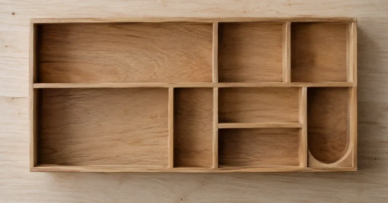A shallow wooden sorting tray seen from above, its compartments of different sizes all empty.