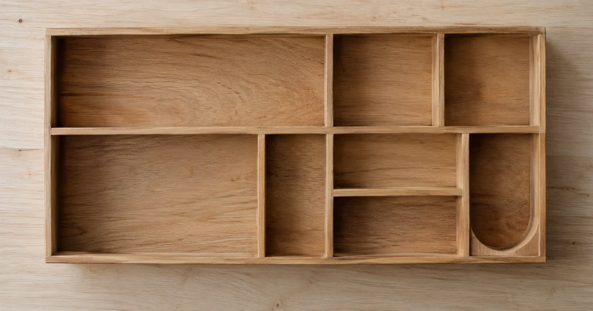 A shallow wooden sorting tray seen from above, its compartments of different sizes all empty.