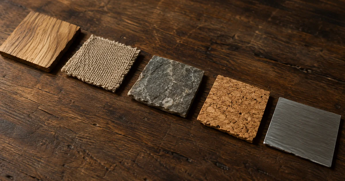 Five small squares of wood, cloth, stone, cork and brushed metal in a diagonal line on dark wood.