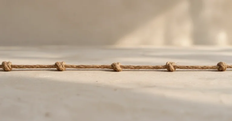 A length of plain twine lying straight along a pale plaster surface, with evenly spaced knots along it.