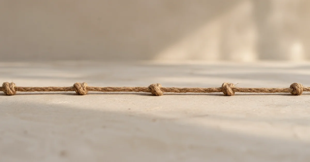 A length of plain twine lying straight along a pale plaster surface, with evenly spaced knots along it.