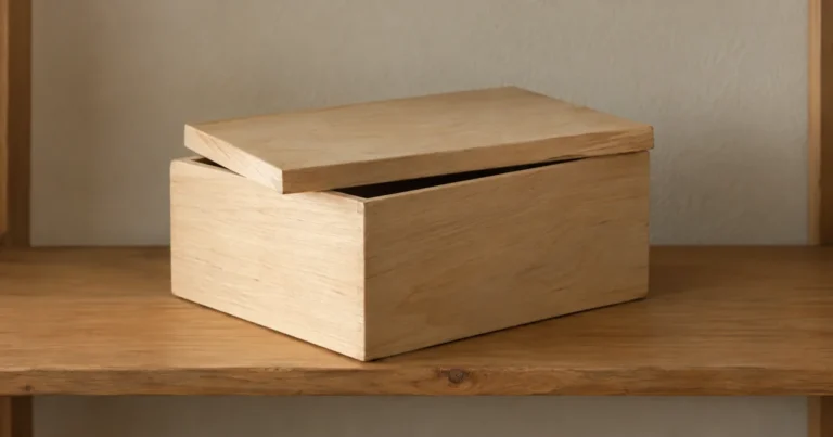 A plain wooden box on a shelf, its fitted lid resting slightly askew rather than closed.