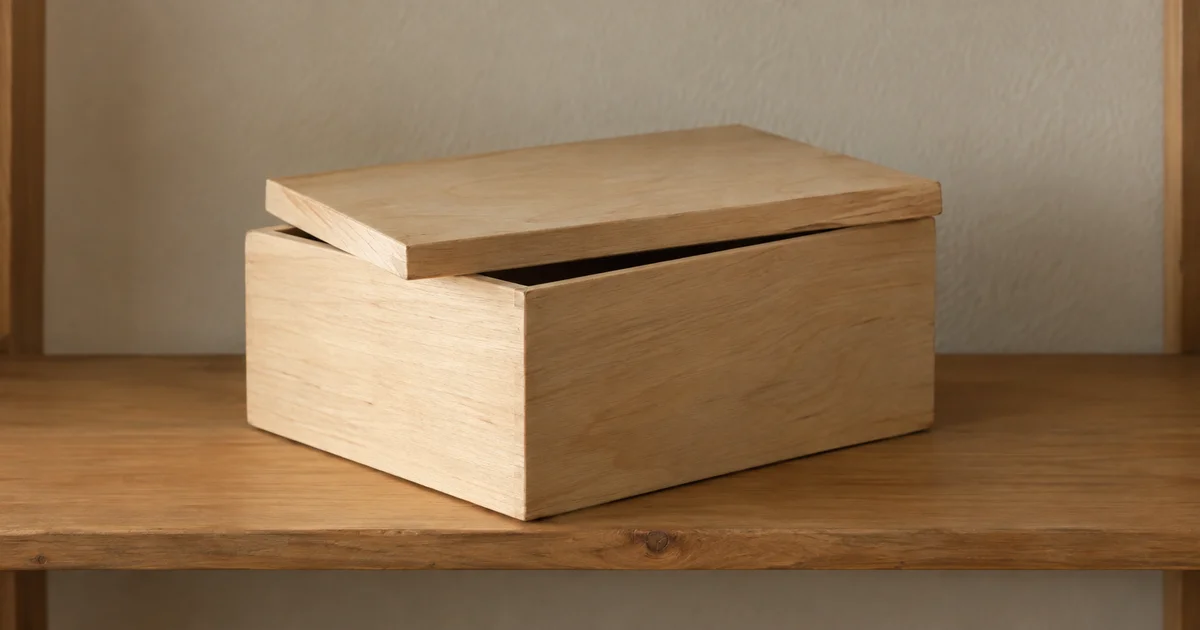 A plain wooden box on a shelf, its fitted lid resting slightly askew rather than closed.