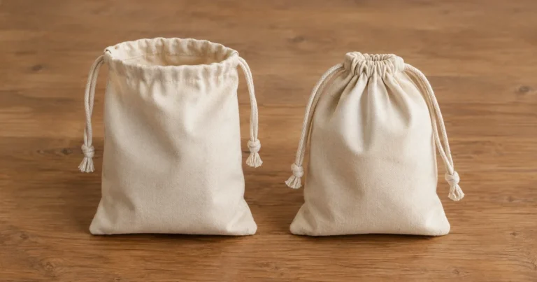 Two identical canvas drawstring pouches side by side, one open at the mouth and one cinched tightly shut.