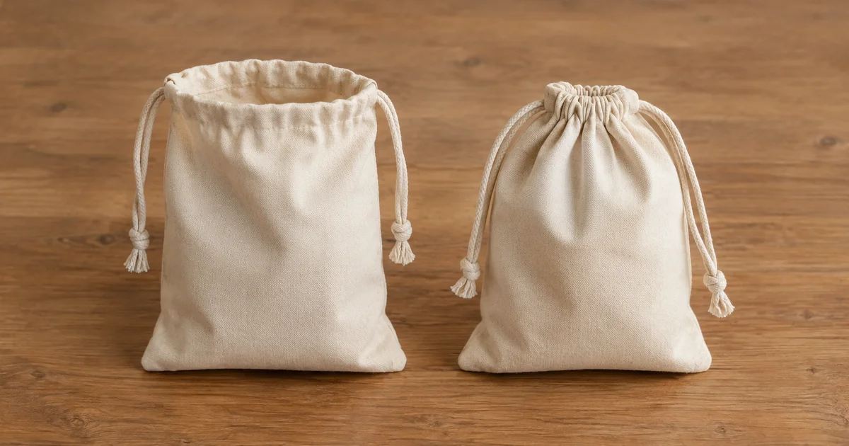 Two identical canvas drawstring pouches side by side, one open at the mouth and one cinched tightly shut.