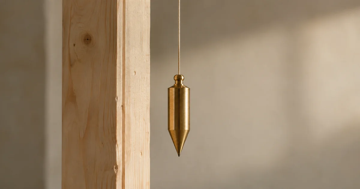 A brass plumb bob hanging still on a thin cord beside a vertical unfinished wooden post.