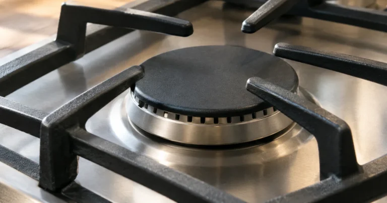 A clean, unlit gas stovetop burner under a black cast-iron grate, with no flame and no pot on the stove.
