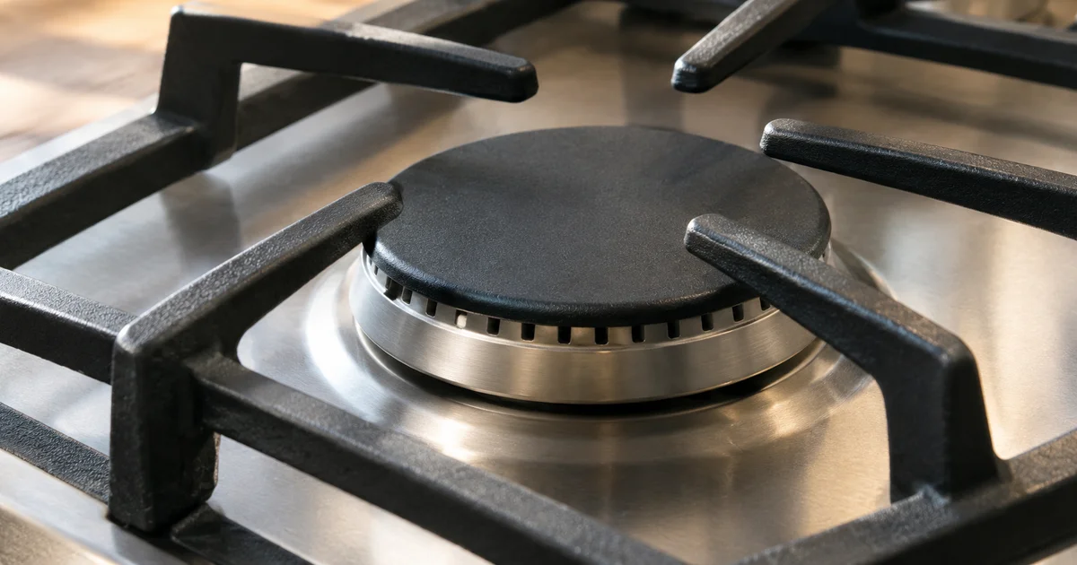 A clean, unlit gas stovetop burner under a black cast-iron grate, with no flame and no pot on the stove.