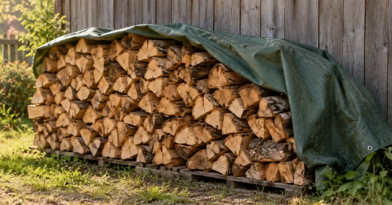 A green canvas tarp folded back from part of a stacked pile of split firewood, the uncovered logs in soft sunlight.